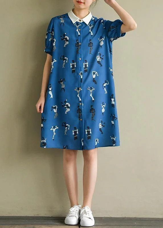 Bohemian dark blue print dress lapel lantern sleeve A Line summer Dresses