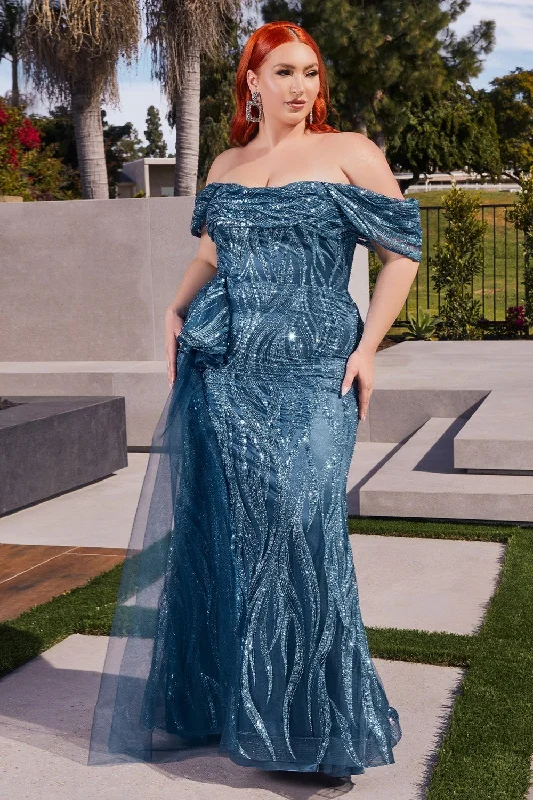 Off The Shoulder Glitter Gown By Ladivine J849C - Women Evening Formal Gown - Curves