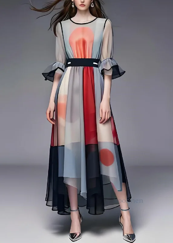 Stylish Colorblock Asymmetrical Patchwork Chiffon Dresses Summer