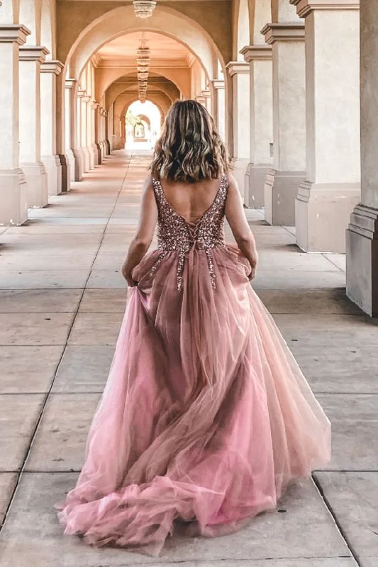 Long Beaded Dark Pink Prom Dress