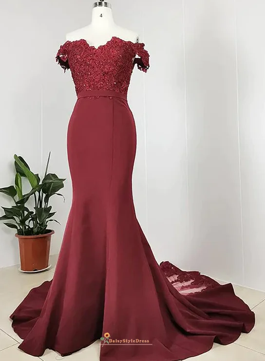 Mermaid Off Shoulder Sleeve Burgundy Party Dress