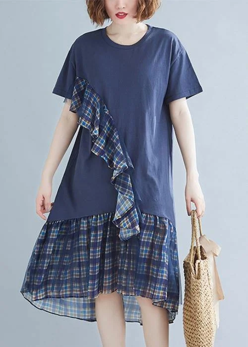 Women blue plaid Cotton tunic o neck patchwork tulle daily Dresses