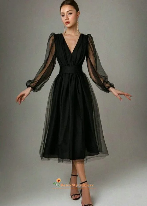 Tea Length Long Sleeve Black Party Dress