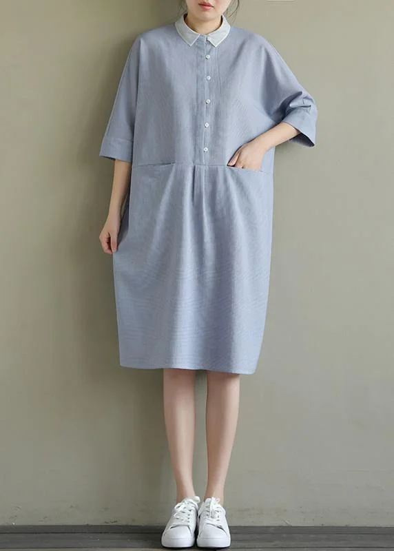 Simple lapel pockets linen dresses Ideas blue gray Plaid Dress summer