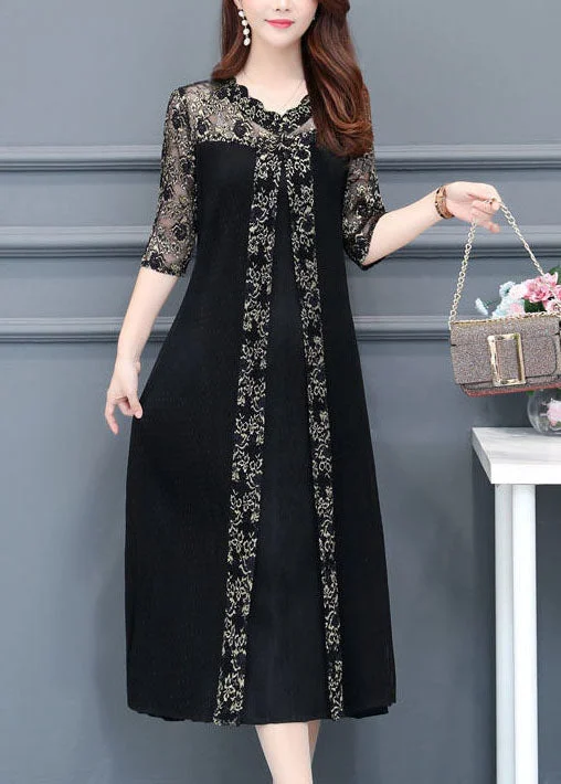 Boutique Black V Neck Lace Patchwork Silk A Line Dresses Half Sleeve