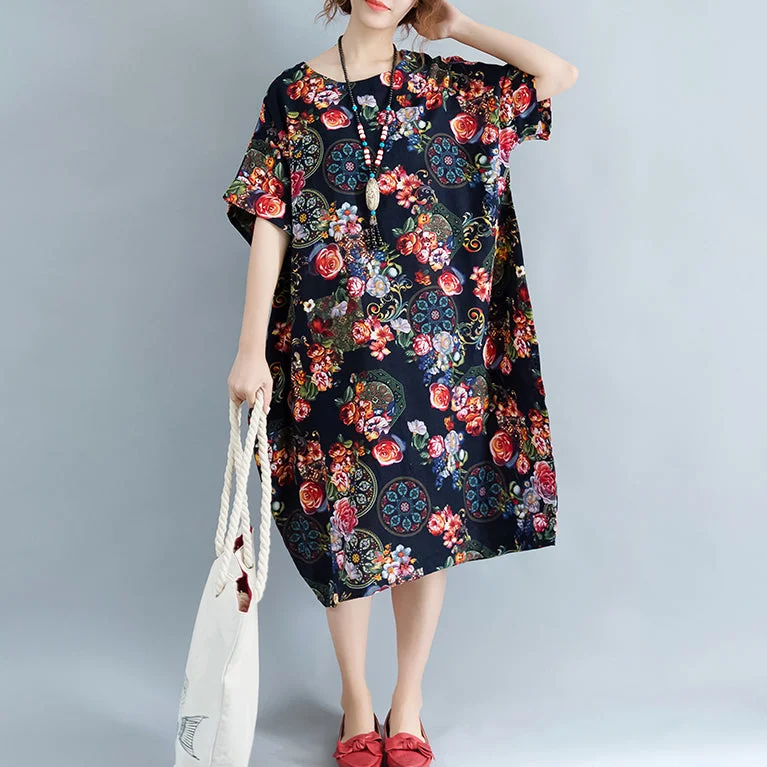 vintage black long linen dress trendy plus size prints cotton dress casual short sleeve linen dress