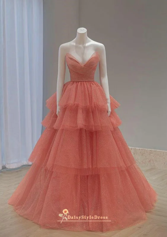 Tiered Skirt Coral Formal Party Dress