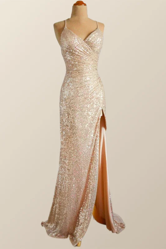 Straps Champagne Sequin Mermaid Long Dress with Slit