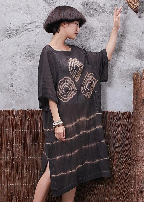 Chic o neck linen cotton clothes For Women Sleeve brown side open Dresses summer