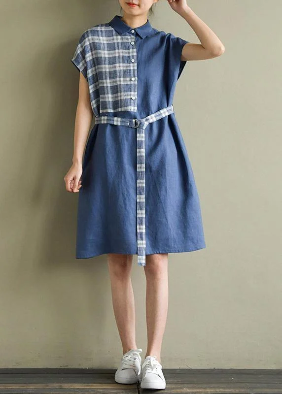 Beautiful lapel tie waist linen dresses Cotton blue Plaid Dress summer