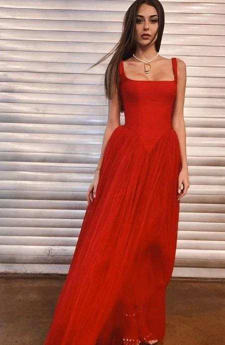 Square Neckline Red Tulle Prom Dress