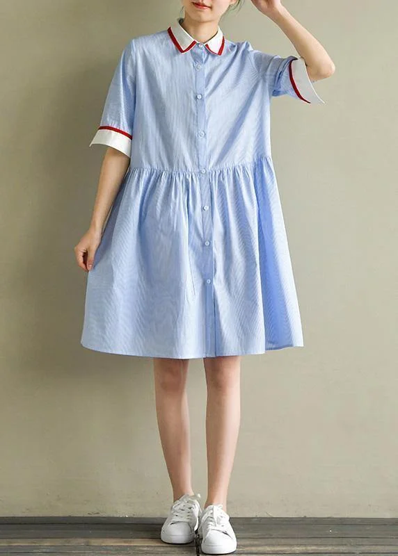 DIY blue striped Cotton clothes lapel half sleeve baggy summer Dress