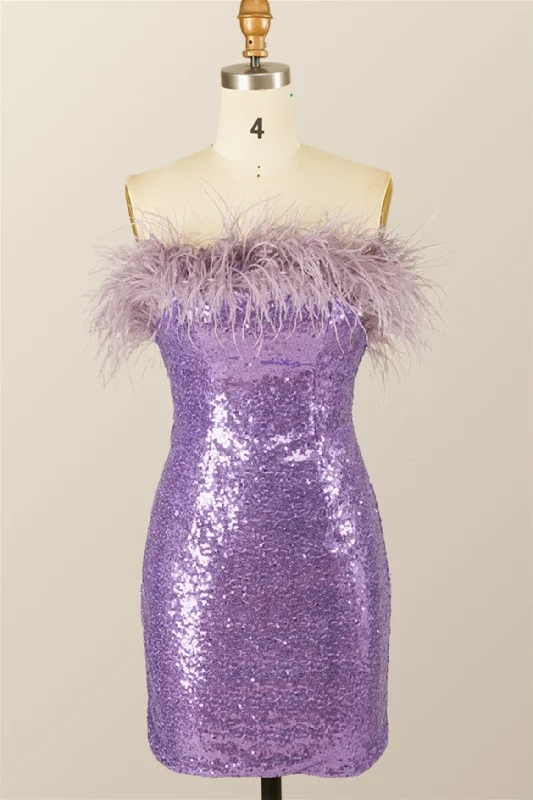 Feather Strapless Purple Sequin Mini Dress