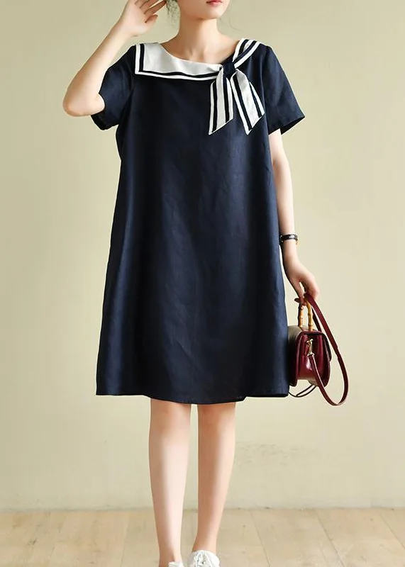 Casual navy style collar short sleeve mid-length dress