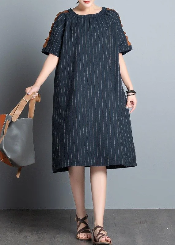 Elegant o neck patchwork cotton quilting clothes Shape black striped Dress summer