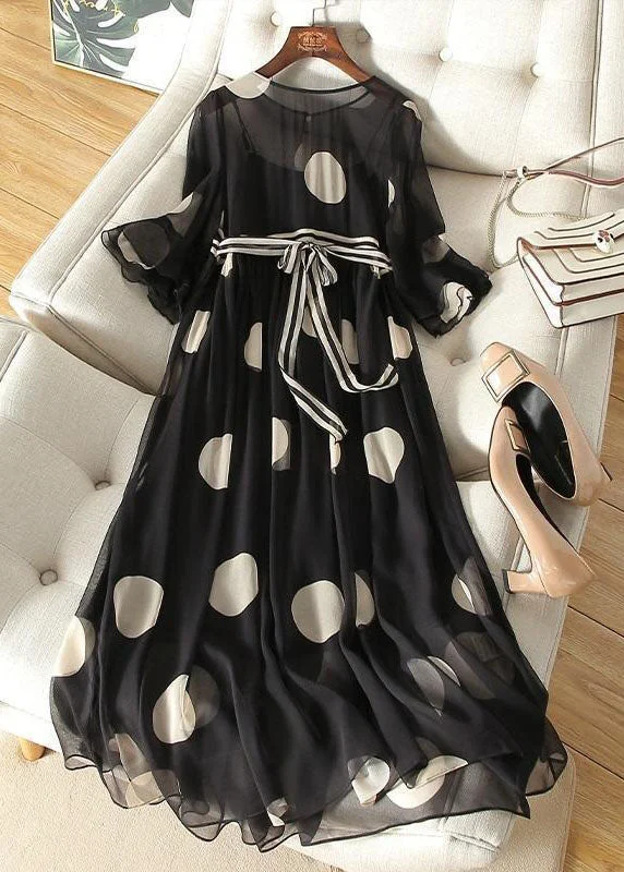 Boutique Black O-Neck Tie Waist Dot Print Chiffon Long Dresses Flare Sleeve