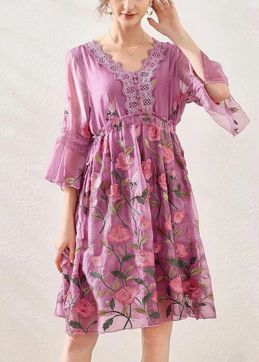 Simple Light Purple Embroidery Chiffon Patchwork Summer Vacation Dresses