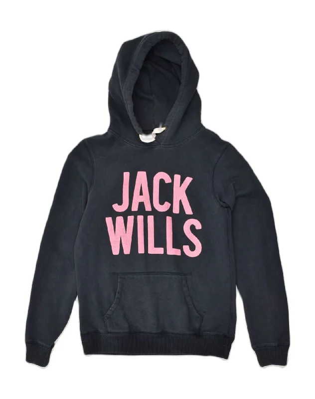 JACK WILLS Womens Graphic Hoodie Jumper UK 10 Small  Navy Blue Cotton