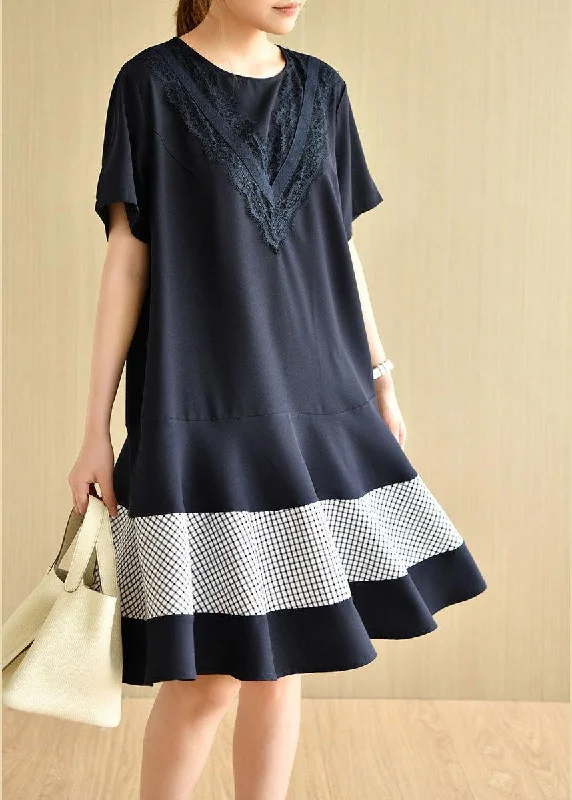 French Navy O-Neck Patchwork Plaid Summer Vacation Dresses Short Sleeve