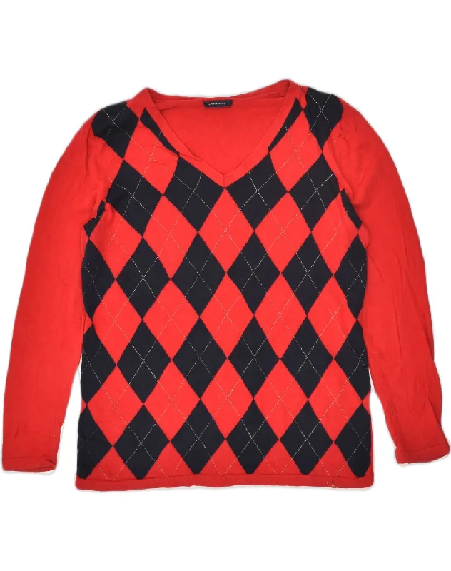 TOMMY HILFIGER Womens V-Neck Jumper Sweater UK 18 XL Red Argyle/Diamond