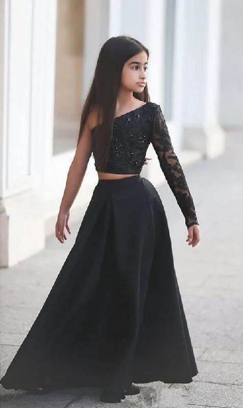 Two Piece Single Sleeve Black Prom Dress