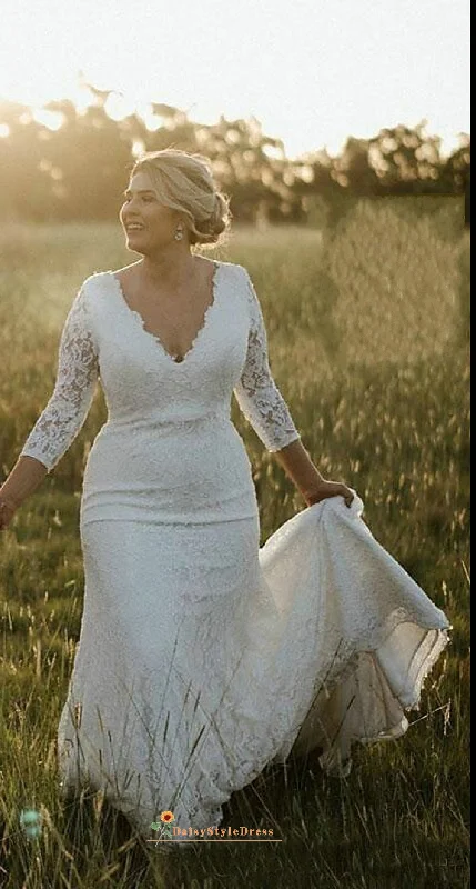 Fit and Flare Long Sleeve Lace Plus Size Wedding Dress