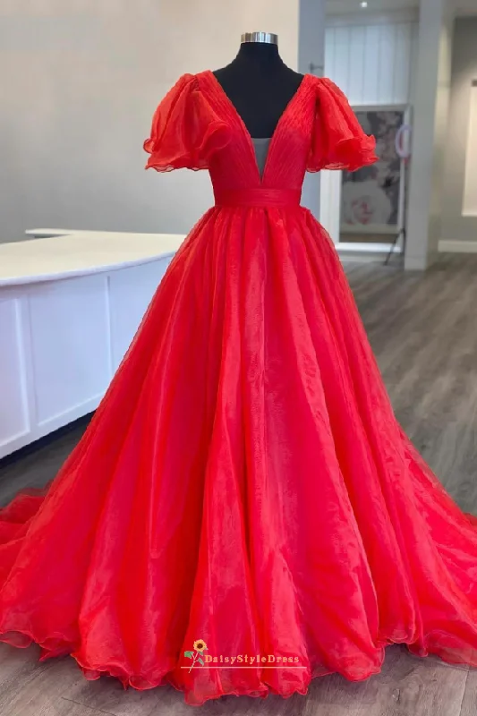 Butterfly Sleeve Sexy Deep V-neckline Red Prom Dress