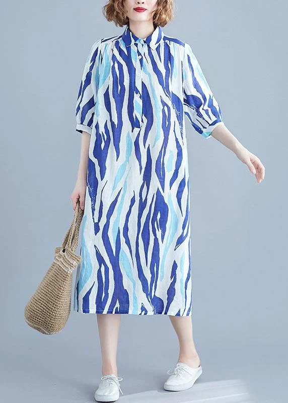 Vivid lapel half sleeve Chiffon dresses Runway blue striped Dress