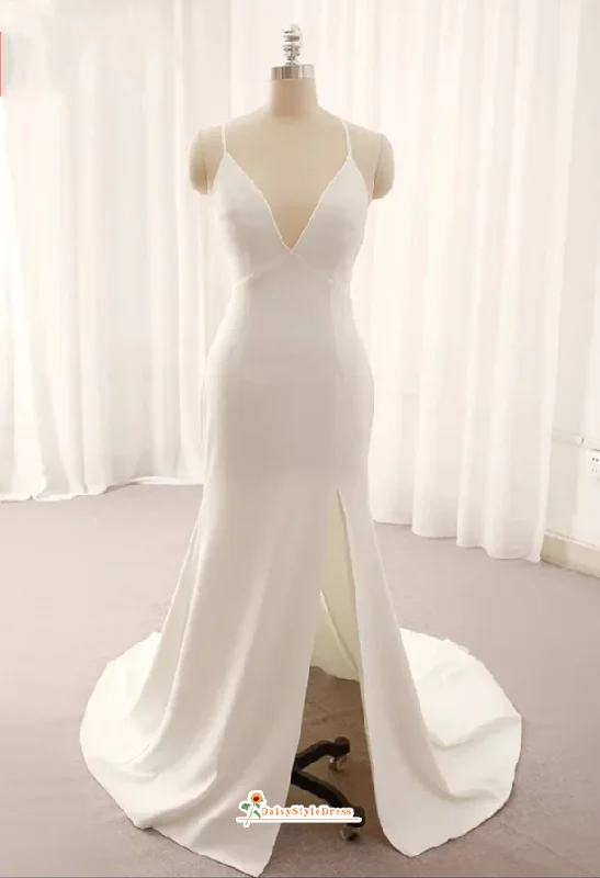 Simple Sexy Slit Fit and Flare Summer Wedding Dress