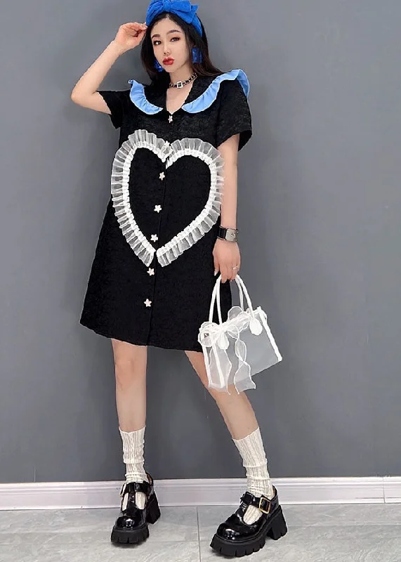 Cute Black Peter Pan Collar Love Tulle Patchwork Shirt Dress Short Sleeve