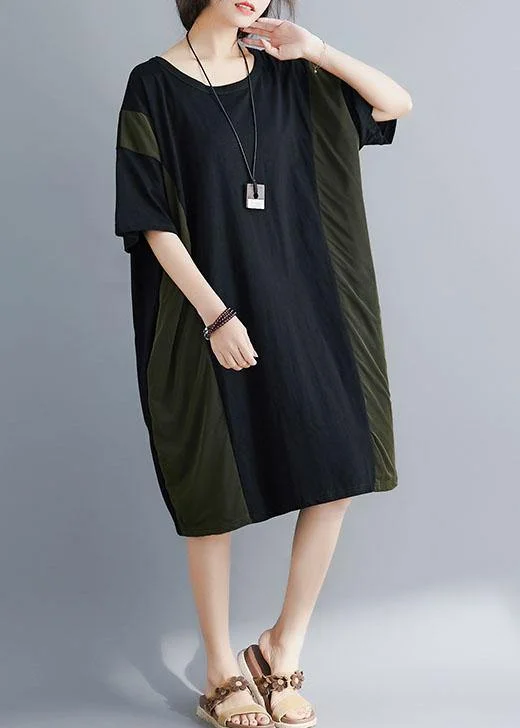 Italian black cotton tunics for women o neck patchwork Maxi summer Dresses