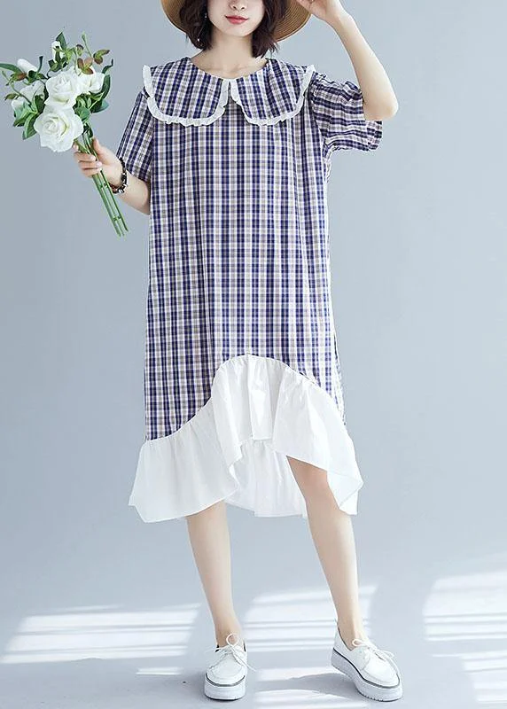 French patchwork ruffles linen clothes Outfits blue plaid Dresses summer