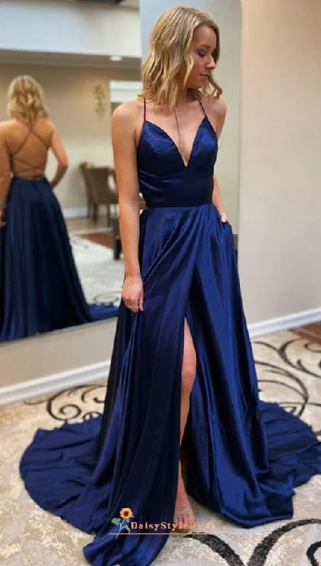 Sexy Slit Navy Blue Criss Cross Back Prom Dress