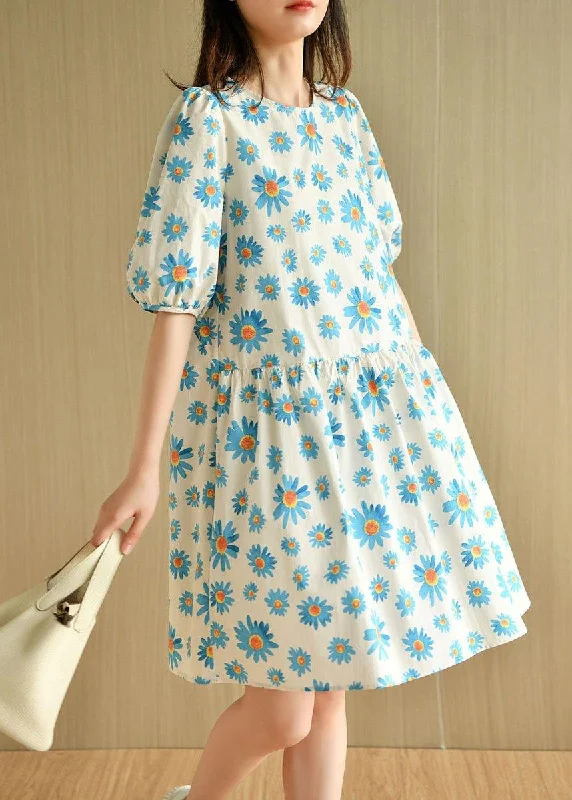 Casual Blue O-Neck Print Summer Cotton Half Sleeve Dresses