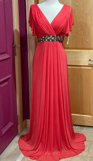 A line V-neckline Red Evening Dress