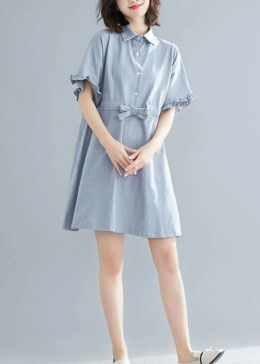 Boho Light Blue Peter Pan Collar Ruffled Mini Summer Cotton Dress