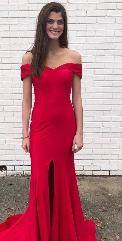 A line Off Shoulder Sleeves Red Slit Evening Party Dress