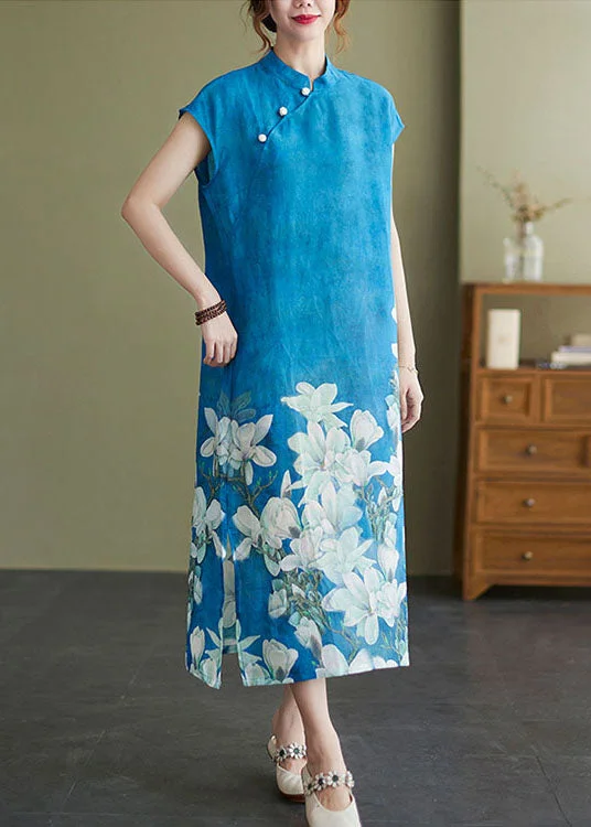 Vintage Blue Mandarin Collar Floral Print Side Open Cheongsam Dresses Short Sleeve