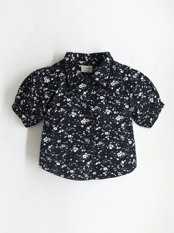 Cherry Crumble Black & White Dark Floral Prints Half Sleeve Collar Top