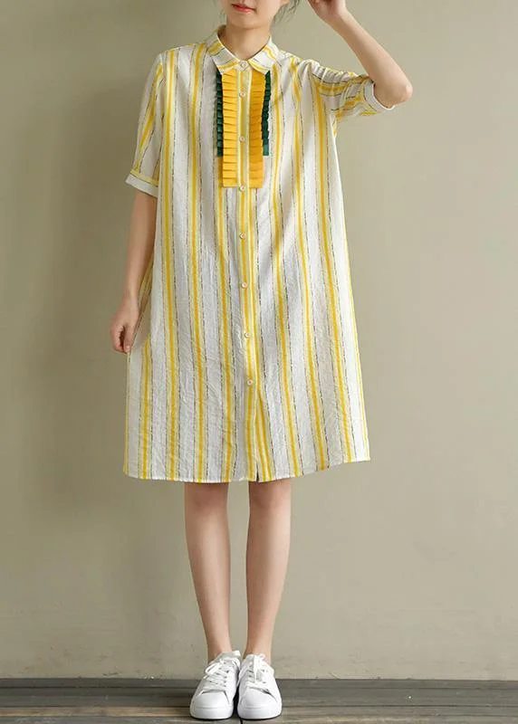 Handmade yellow striped linen Robes lapel Button Down Plus Size summer Dress