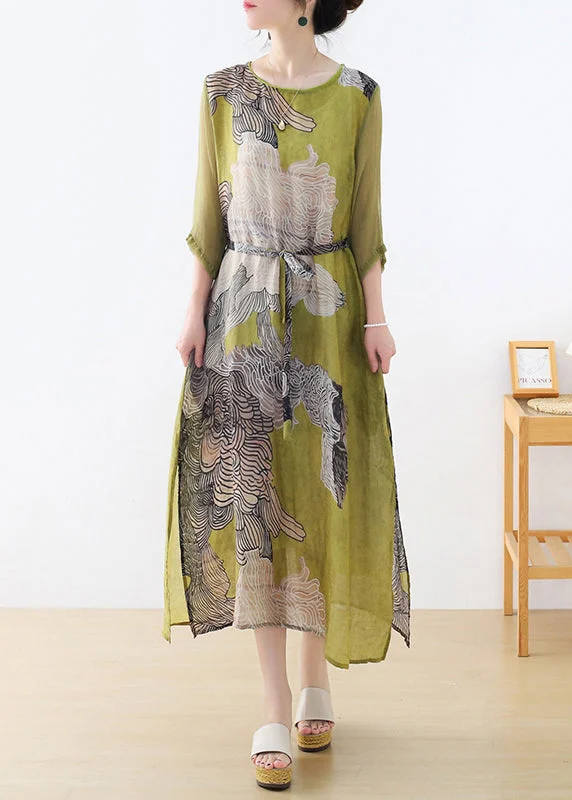 Slim Fit Green O-Neck Side Open Tunic Print Linen Party Dress Half Sleeve