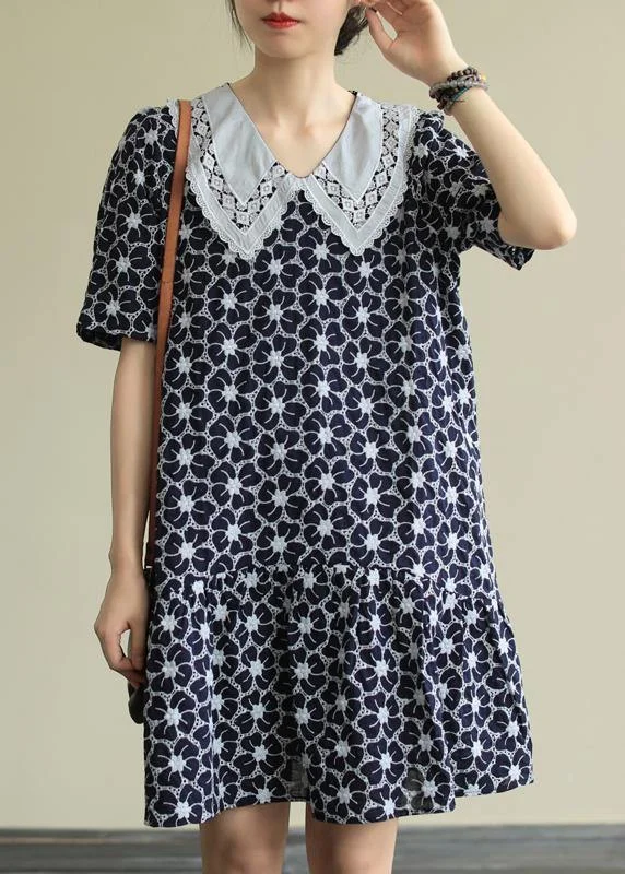 Classy navy print Cotton patchwork short sleeve baggy Dresses