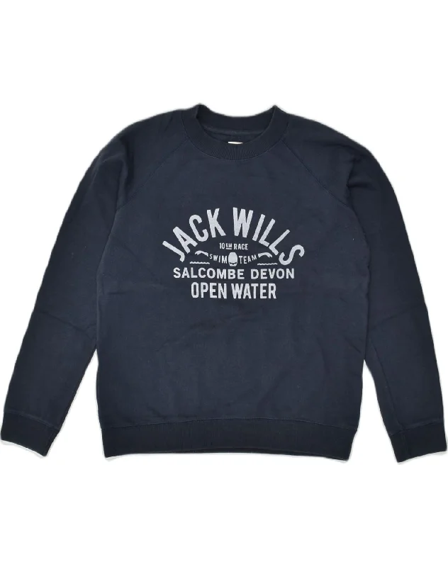 JACK WILLS Womens Graphic Sweatshirt Jumper UK 12 Medium Navy Blue Cotton