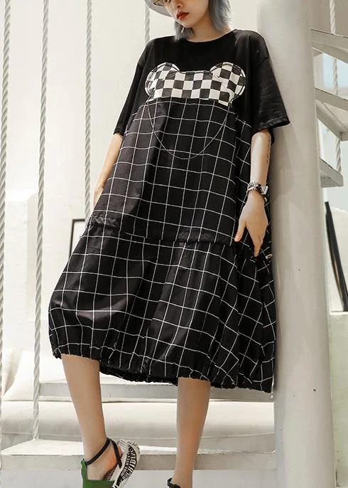 Unique black Plaid Cotton Wardrobes patchwork o neck Art summer Dresses