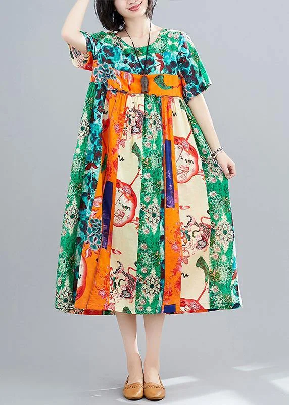 Chic Green Print Dresses O Neck Patchwork Maxi Spring Dress