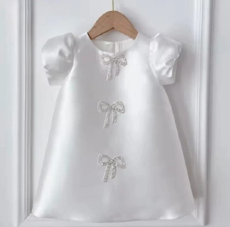 Kids girls Sparkle Bow Luxe Satin Dress - White (pre order)