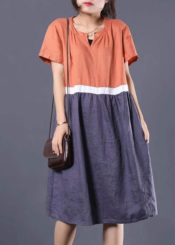 Natural patchwork color linen dresses Shape orange v neck Dress summer