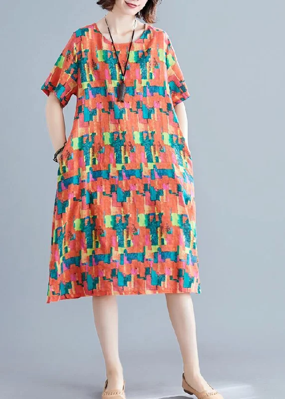 Natural orange print Cotton Wardrobes o neck pockets shift summer Dress