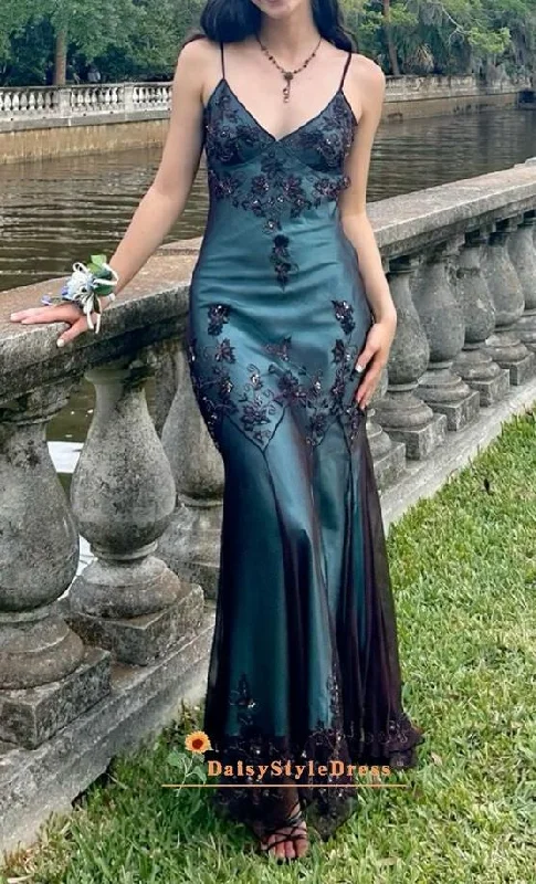 Vintage Blue and Black Prom Dress