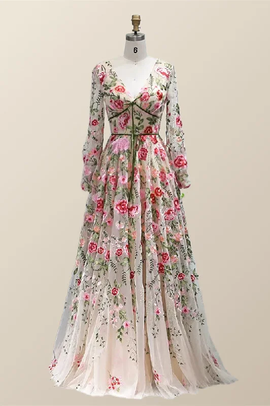 Long Sleeves Floral Embroidery A-line Long Formal Dress